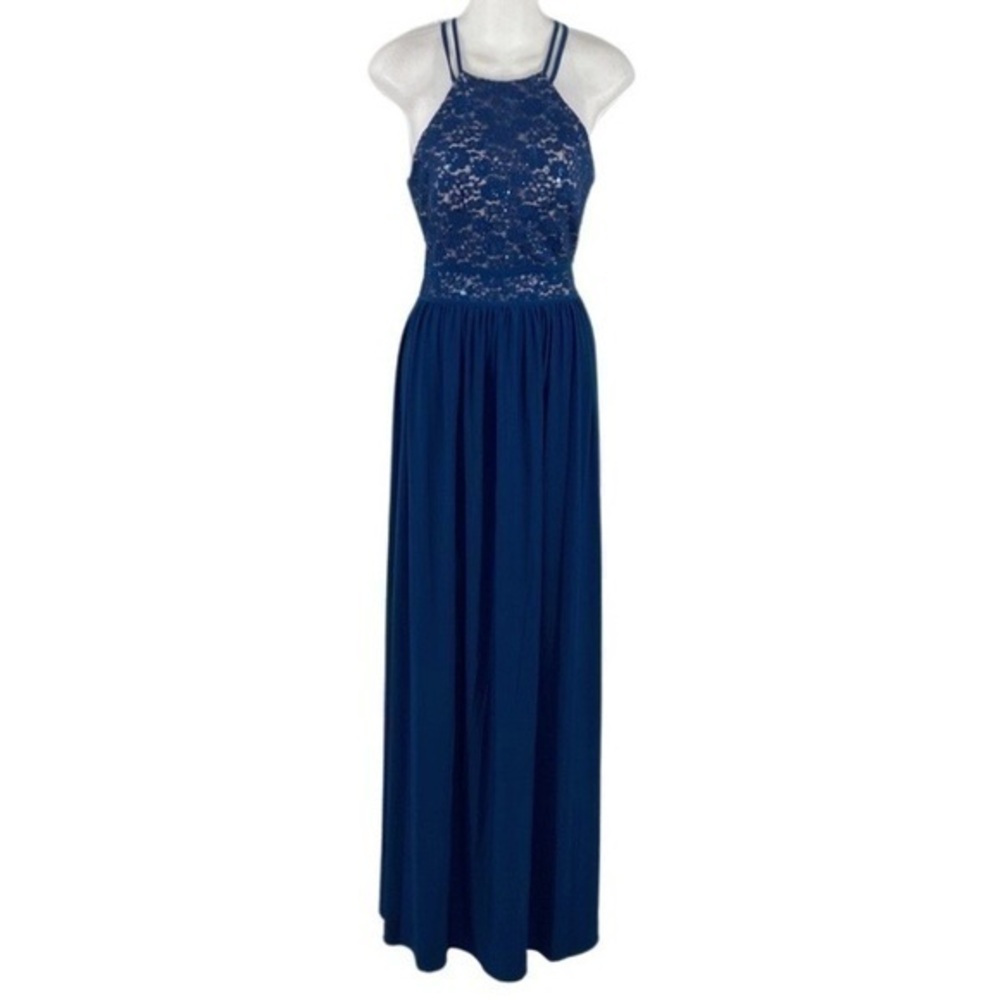 NWOT Nightway navy lace sequin jersey halter maxi gown dress R17